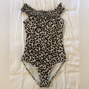 Old Navy Beige and Black Smocked Leopard Bubble Top